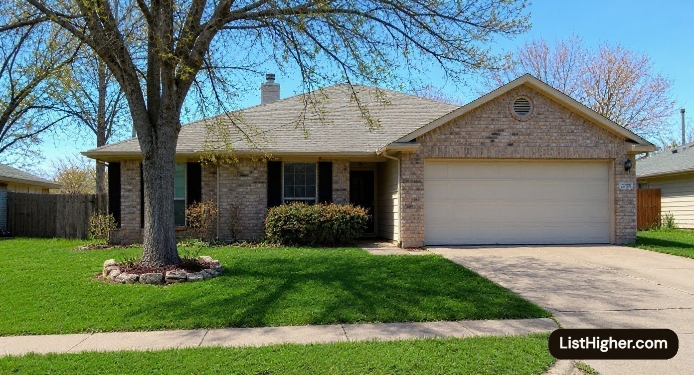 North Houston home exterior after ListHigher improvements — green lawn, dark mulch, clean driveway