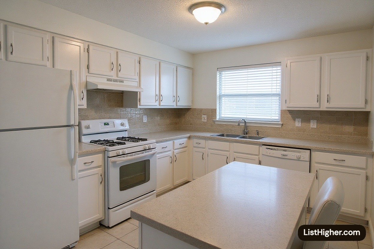 North Houston kitchen after ListHigher improvements — white cabinets, warm greige counters, decluttered