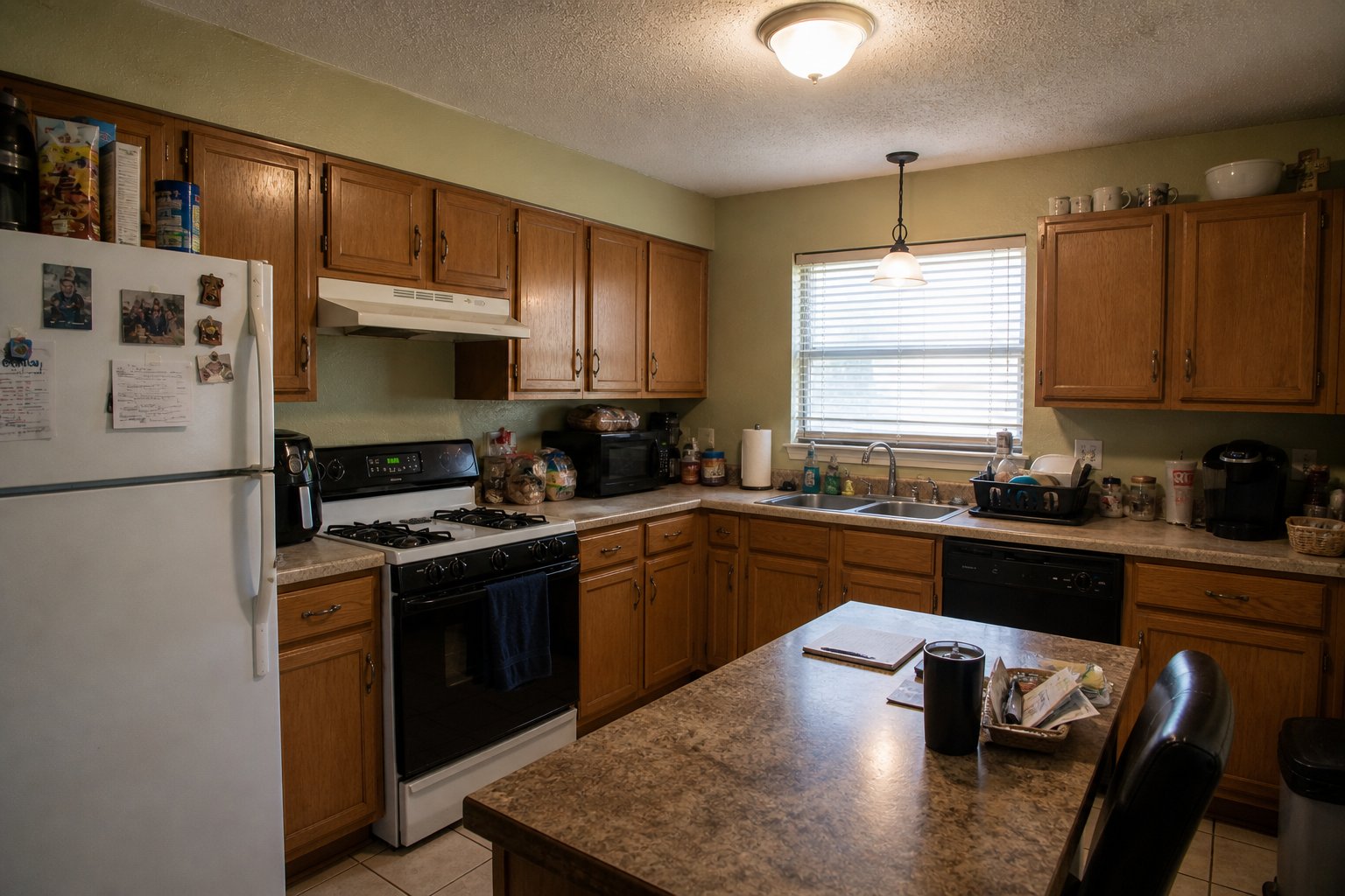 North Houston kitchen before improvements — brown cabinets, green walls, cluttered counters